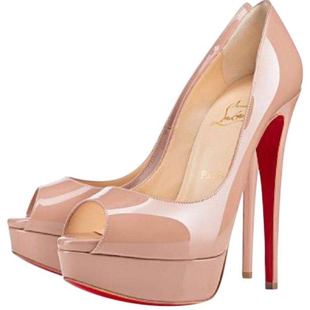 Christian Louboutin Nude Lady Peep 150 Patent Platform Peep Toe Sandals 35.5